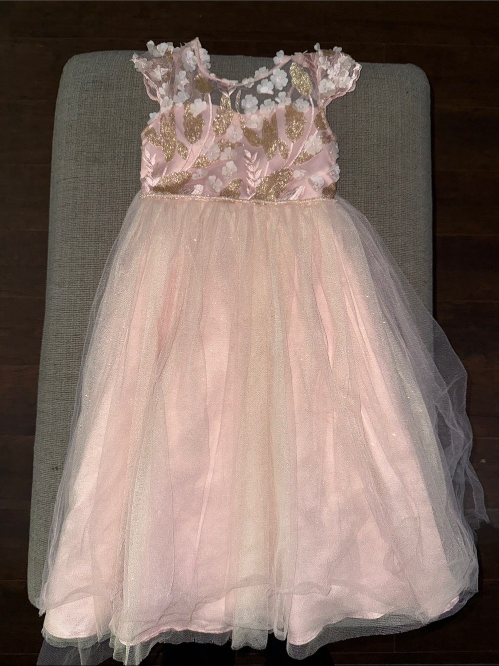 Chantilly Place Girls Pink Gold Floral Tulle Dress